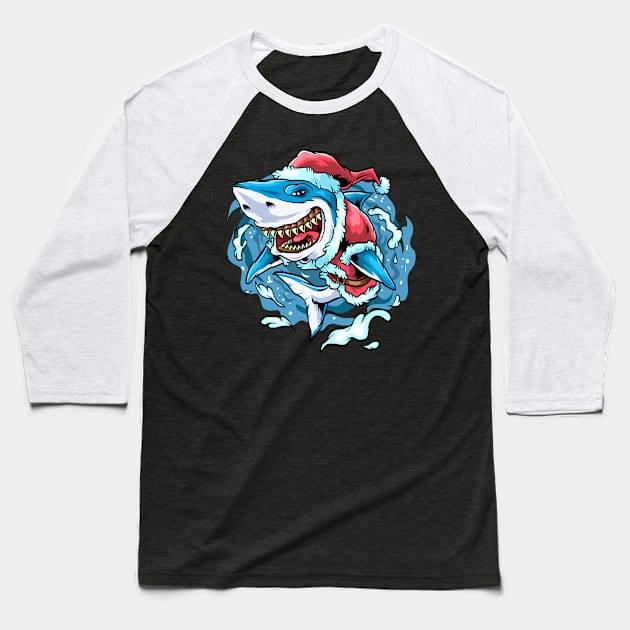 Christmas Santa Great White Shark Baseball T-Shirt by BDAZ